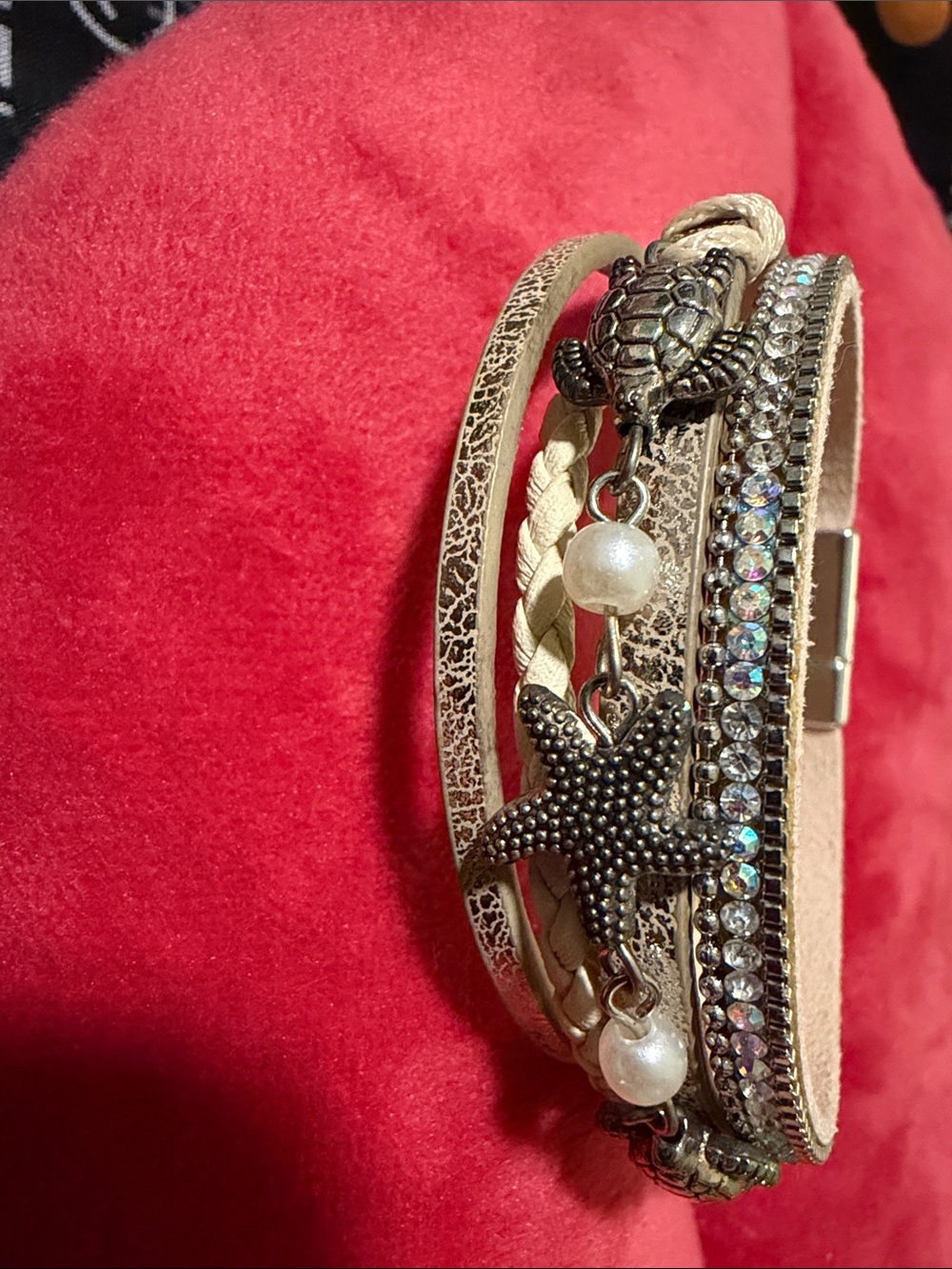 Beige Braided Seashell Charm Multi-Row Bracelet